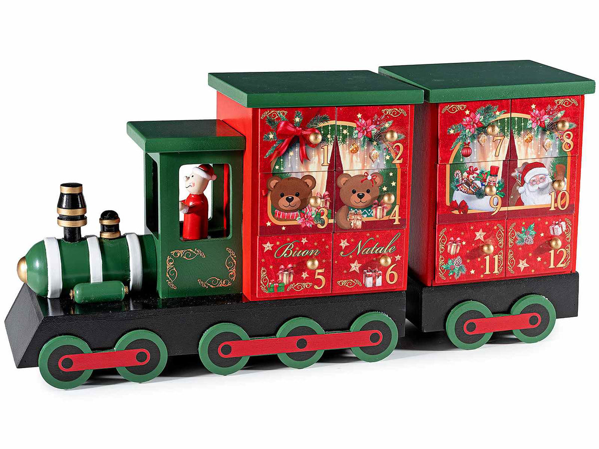 Calendari dell'Avvento in legno a forma di trenino natalizio con 24 cassetti, cm 40 x 11 x 19 H