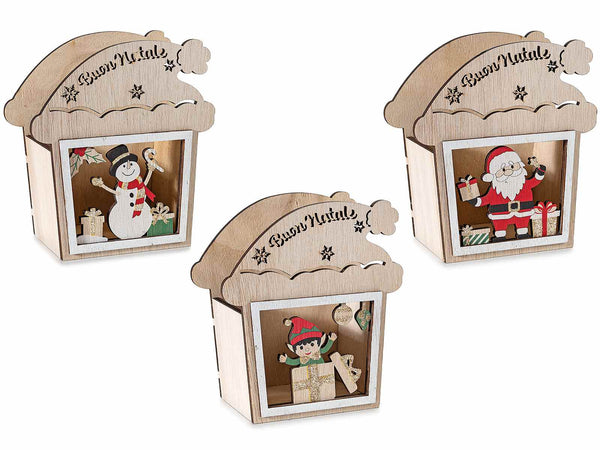 Set di 3 cestini a pacchetto regalo in legno con intagli natalizi e decori glitterati, cm 14 x 8,5 x 15,5 H