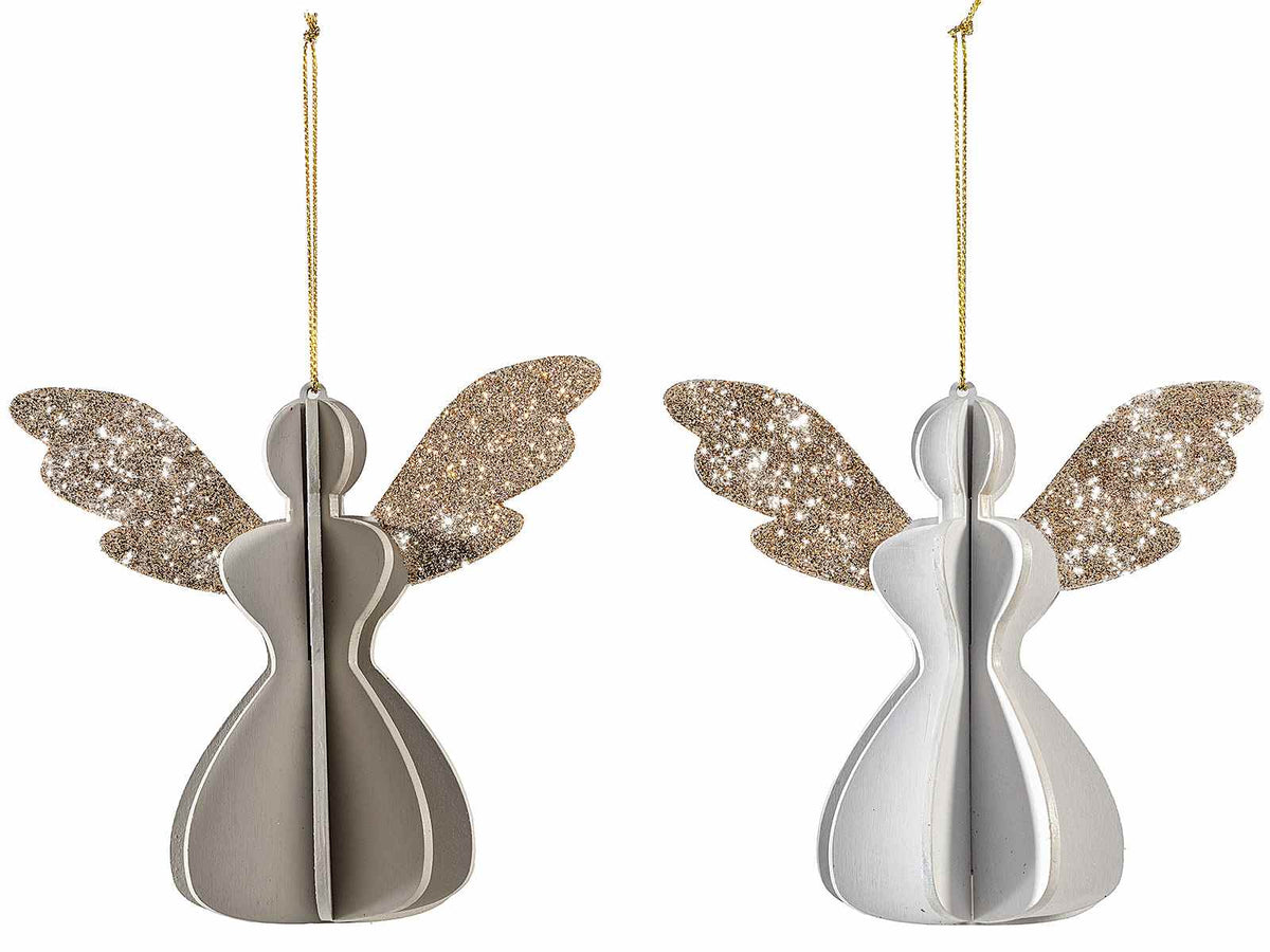 Angioletti natalizi in legno da appendere con ali glitterate dorate, set da 6 pezzi, cm 12 x 6 x 11 H
