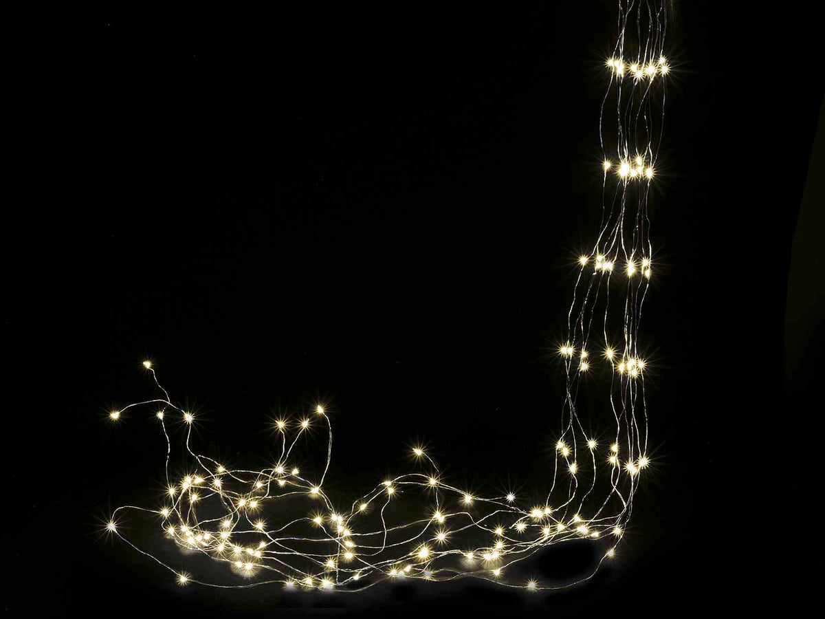 Cascate da 1,70 metri con 10 fili argentati, 180 led bianco caldo, cavo, Filo: m 1,7 H