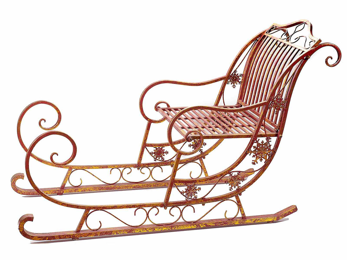 Slitte di Babbo Natale in metallo rosso anticato oro. Struttura elegante, cm 150 x 60 x 93,5 H