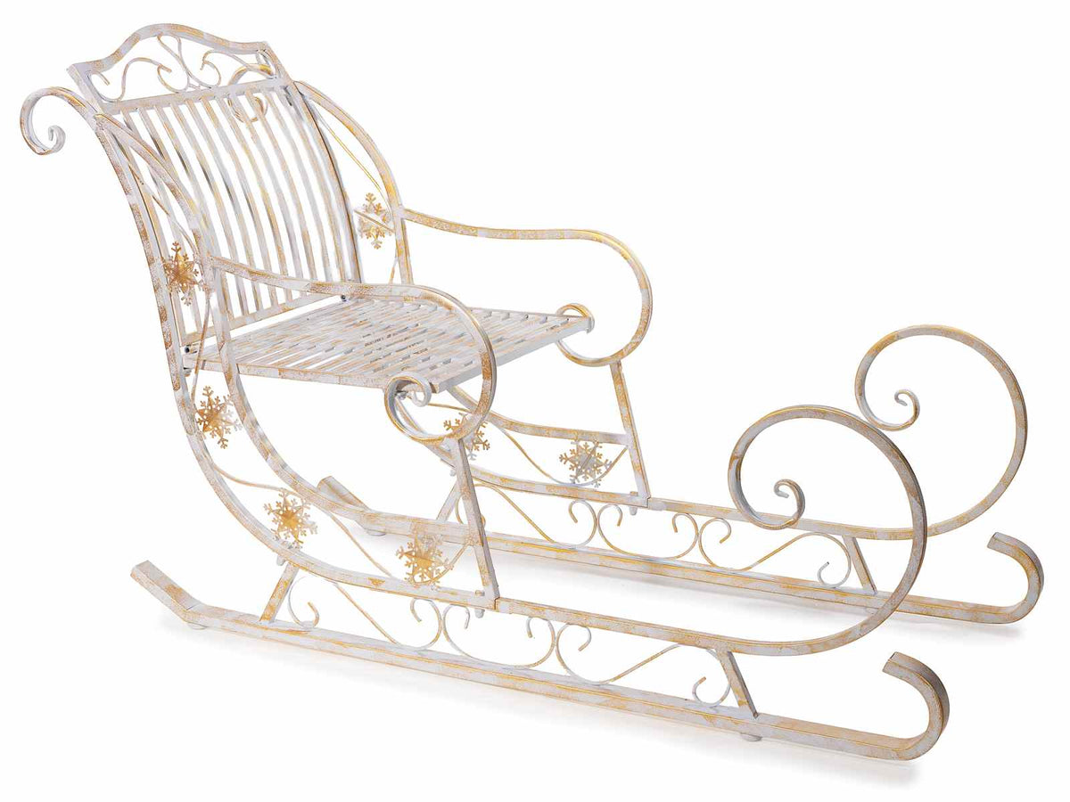 Slitta di Babbo Natale decorativa in metallo bianco anticato oro. Struttura, cm 63,5 x 150 x 93,5 H