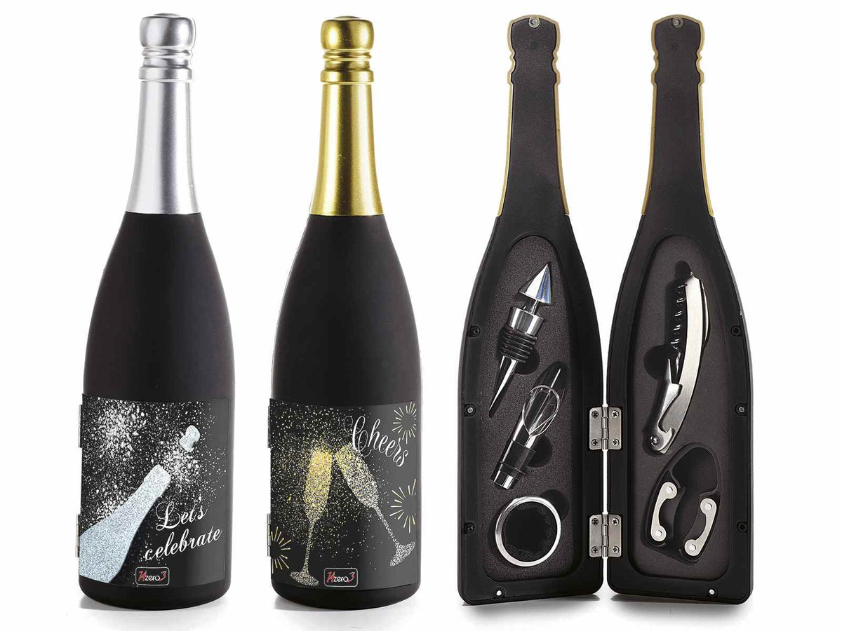Set sommelier a forma di bottiglia di spumante con 5 accessori. Elegante, set da 2 pezzi, Ø 8,5 cm x 32 H