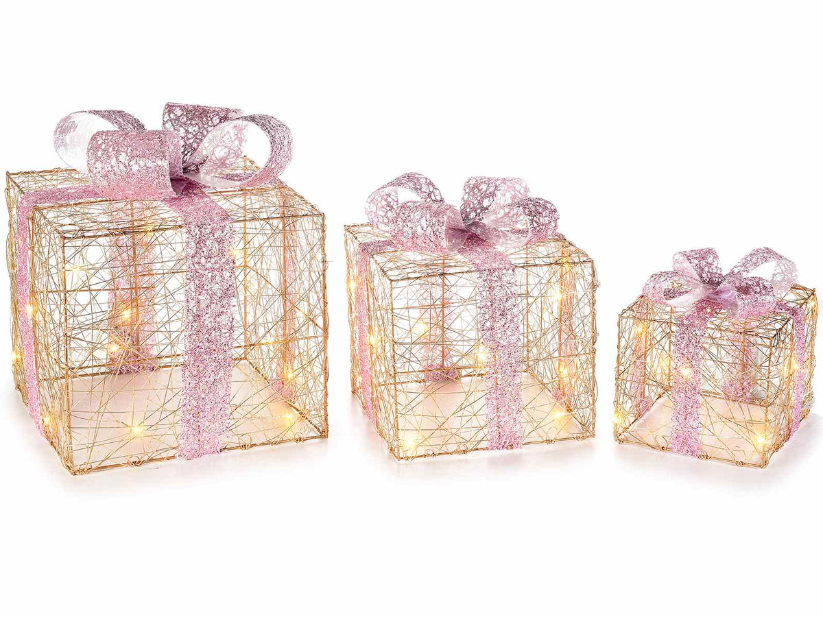 Set 3 pacchi regalo natalizi luminosi in metallo con LED bianco caldo. Perfetti, Grande: cm 26 x 26 x 33 H