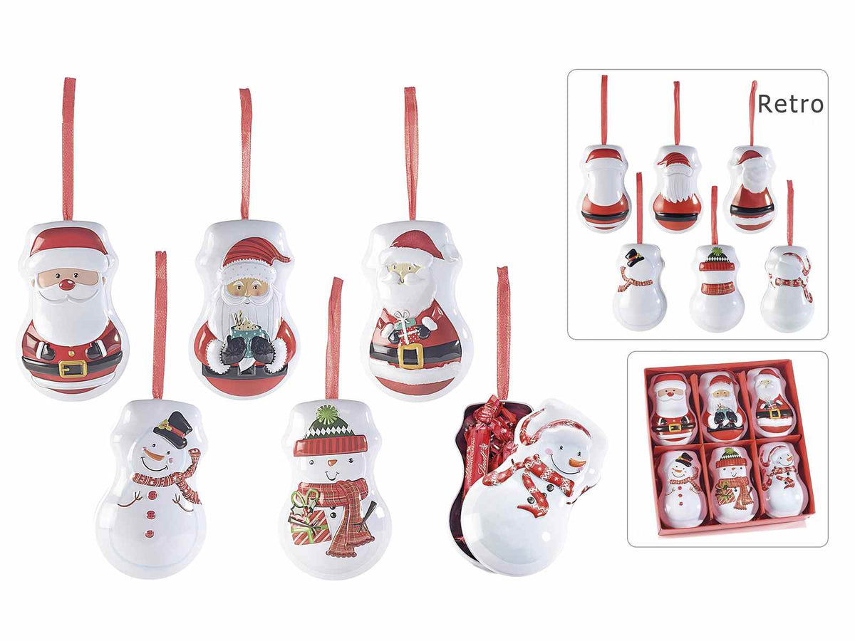 Palline di Natale a scatola in metallo da appendere in espositore da 6 pezzi, set da 6 pezzi, cm 7 x 5 x 11 H