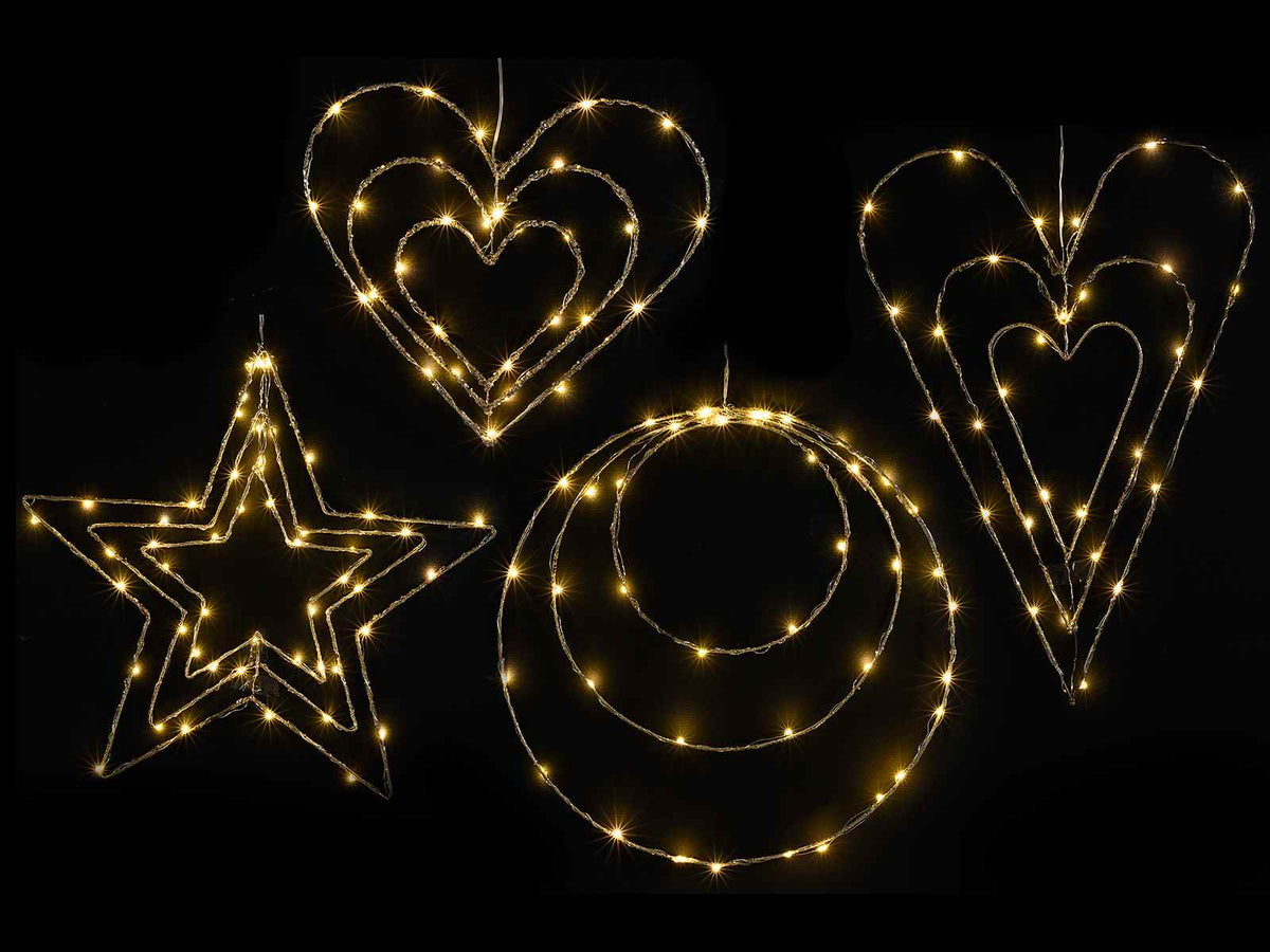 Decorazioni luminose di Natale con luci LED bianco caldo da appendere, set da 4 pezzi, Cuore lungo: cm 35 x 48 H