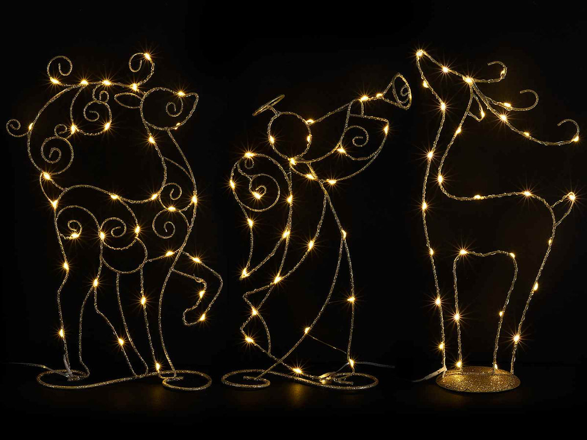 Renne e angeli natalizi in metallo dorato e luci Led bianco caldo. Ideale, set da 3 pezzi, Renna:cm 24 x 6,5 x 37 H