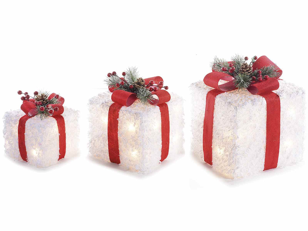 Pacchi regalo di Natale in metallo con luci led bianco caldo, con fiocco e mazzolino decorativo. Perfetti per vetrine, allestimenti e decorazioni natalizie, creano un’atmosfera…