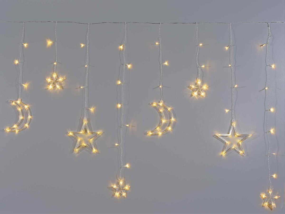 Luminose decorazioni a pioggia con decori pendenti, 12 fili e 135 LED bianco, Cascata: Mt 1,95 x 70 cm H