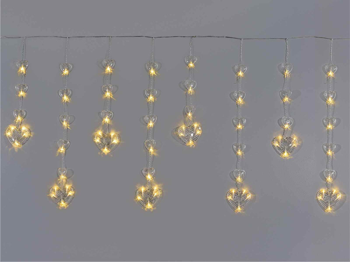 Luminose decorazioni a pioggia con cuori pendenti, 12 fili e 108 LED bianco, Cascata: mt 2 x 60 cm H