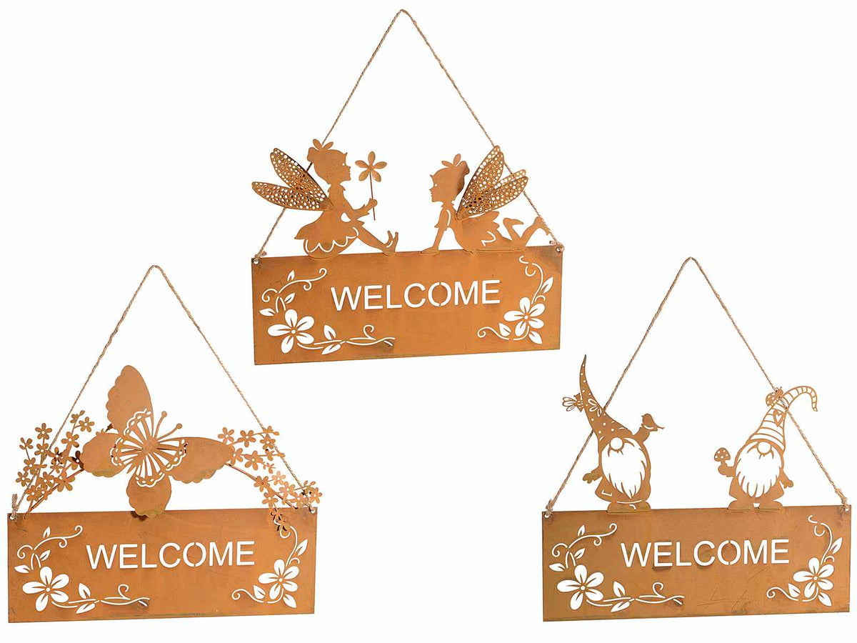 Decorazioni in metallo effetto corten con scritta Welcome con intagli fiori, set da 3 pezzi, cm 24,5 x 21 H