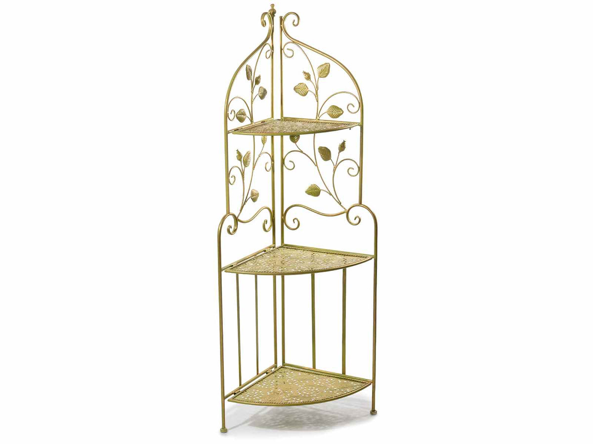 Mobiletti angolari in metallo verde / oro a 3 ripiani con dettagli a foglia, cm 49 x 35 x 126 H