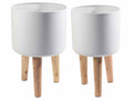 Vasi in metallo bianco con treppiede in legno in set da due pezzi, Grande: Ø 28 cm x 42,5 H