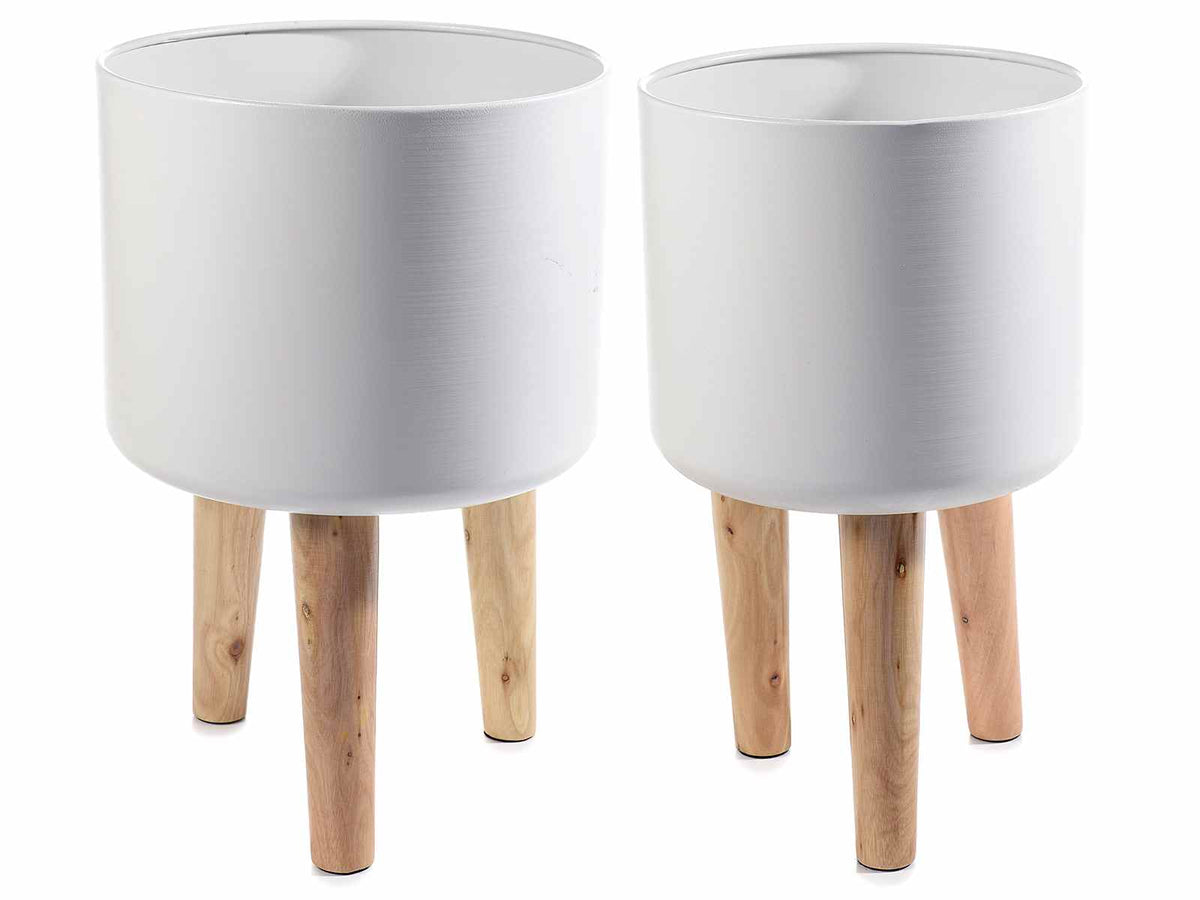 Vasi in metallo bianco con treppiede in legno in set da due pezzi, Grande: Ø 28 cm x 42,5 H