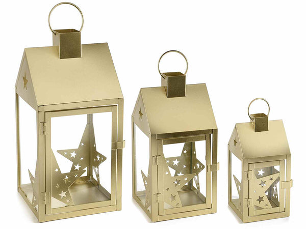 Lanterne dorate con base quadrata in metallo e stella decorativa, Grande: cm 18 x 18 x 37,5 H