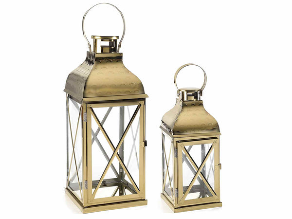 Lanterne a base quadrata in metallo color oro lucido in set da due pezzi, Grande: cm 19 x 19 x 47,5 H