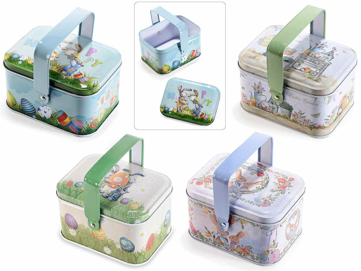 Scatole portadolci / portauova pasquali in metallo a cestino con stampe Pasqua, set da 12 pezzi, cm11x8,5x6H (con manico9,5)
