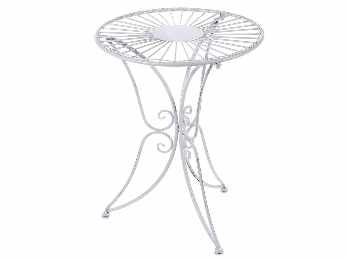 Tavolini tondi in metallo bianco anticato effetto vintage con gambe a farfalla, Ø 44 cm x 54 H