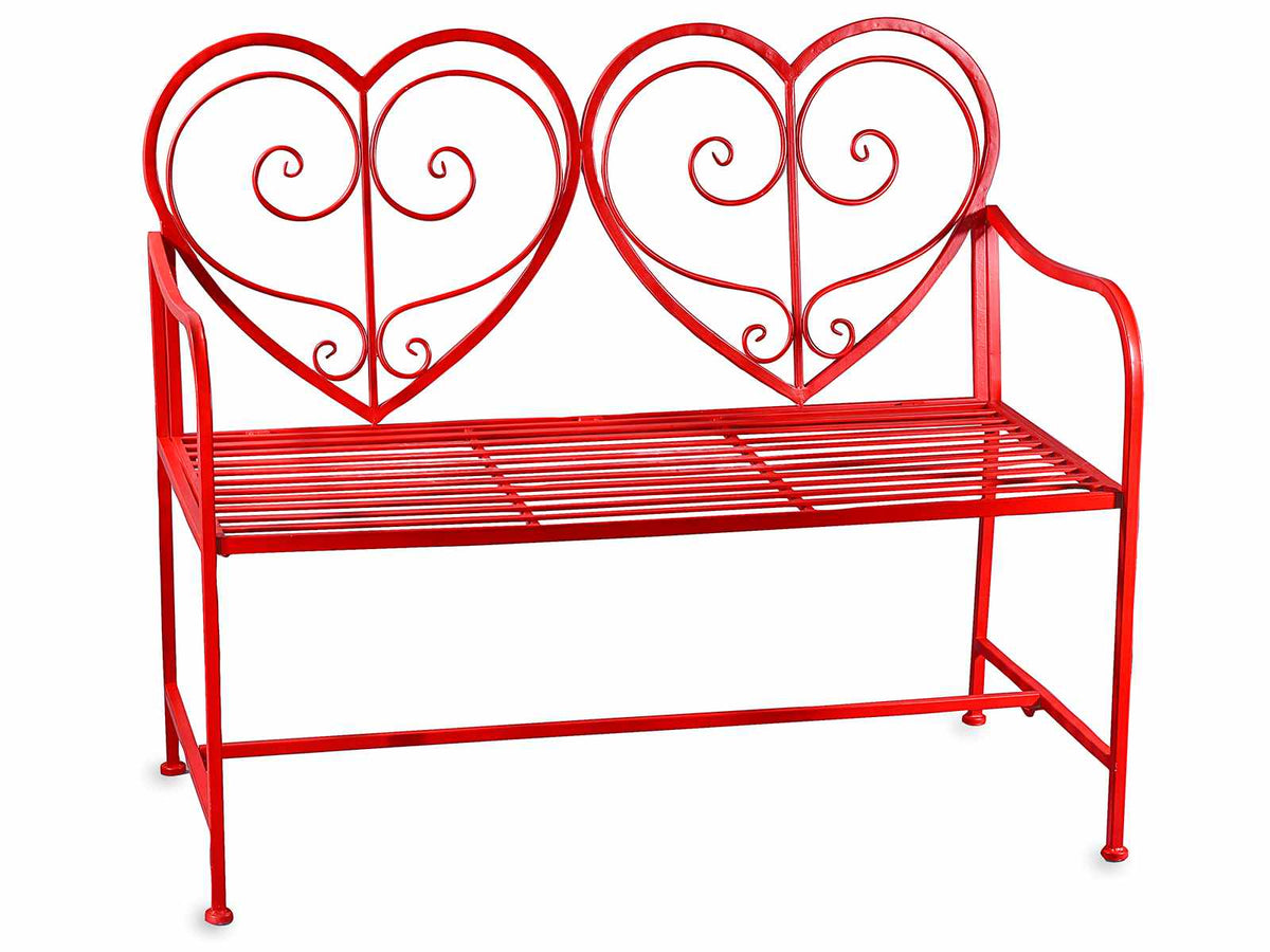 Panchine in metallo color rosso con schienale a cuori per decorazioni vetrine, cm 109 x 55 x 93,5 H