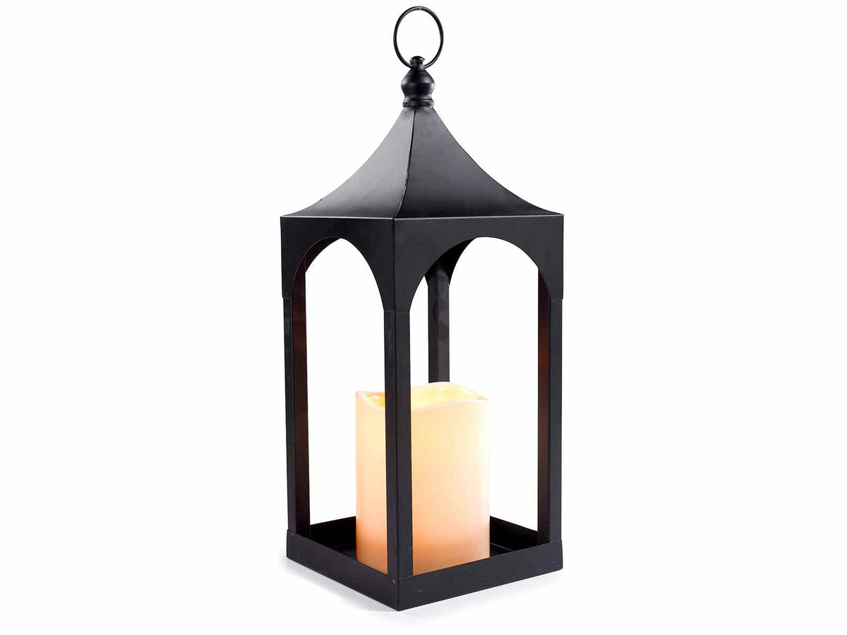 Lanterne in metallo nero con candela elettronica a fiamma LED e gancio, cm 17x17x43 H (con gancio47)