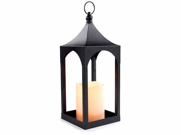 Lanterne in metallo nero con candela elettronica a fiamma LED e gancio, cm 17x17x43 H (con gancio47)