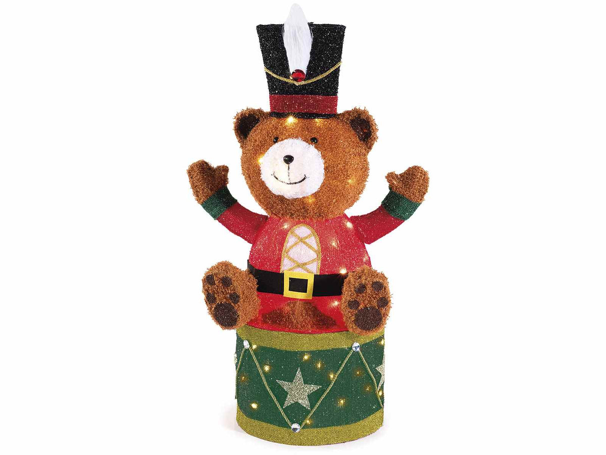 Luminarie di Natale ad orsetto su tamburo con anima in metallo e luci LED, cm 56 x 26 x 90 H