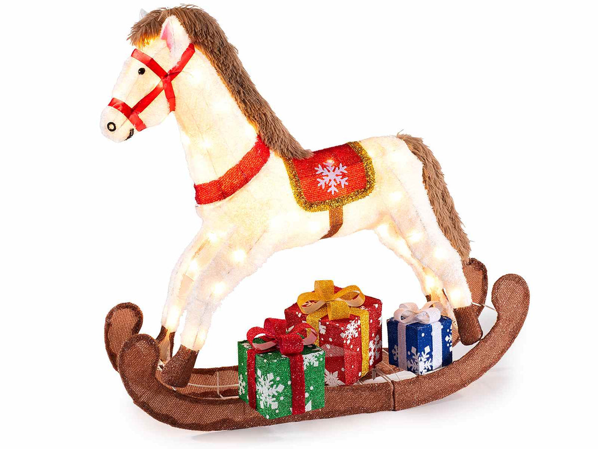 Cavallucci a dondolo di Natale con pacchetti regalo e anima in metallo con luci, cm 90 x 20 x 86 H