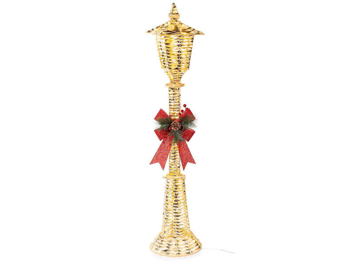 Decoro luminoso a lampione dorato con fiocco, anima in metallo e luci LED, Ø 27 cm x 120 H