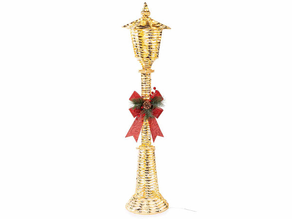 Decoro luminoso a lampione dorato con fiocco, anima in metallo e luci LED, Ø 27 cm x 120 H