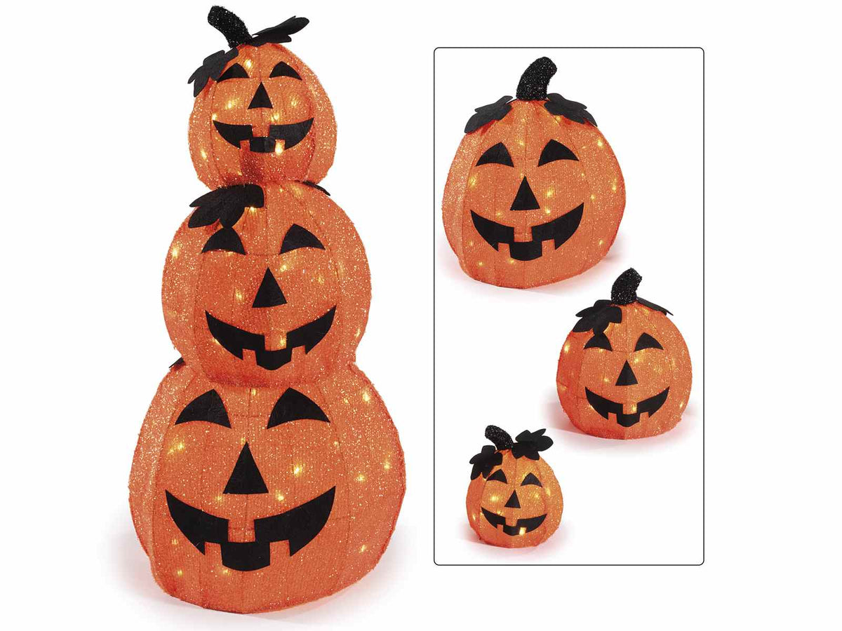 Zucche luminose di Halloween impilabili con anima metallo e luci, Grande: Ø 33 cm x 38 H