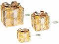 Pacchi regalo natalizi dorati in metallo con luci LED bianco caldo e fiocco, Grande: cm 25 x 25 x 28 H