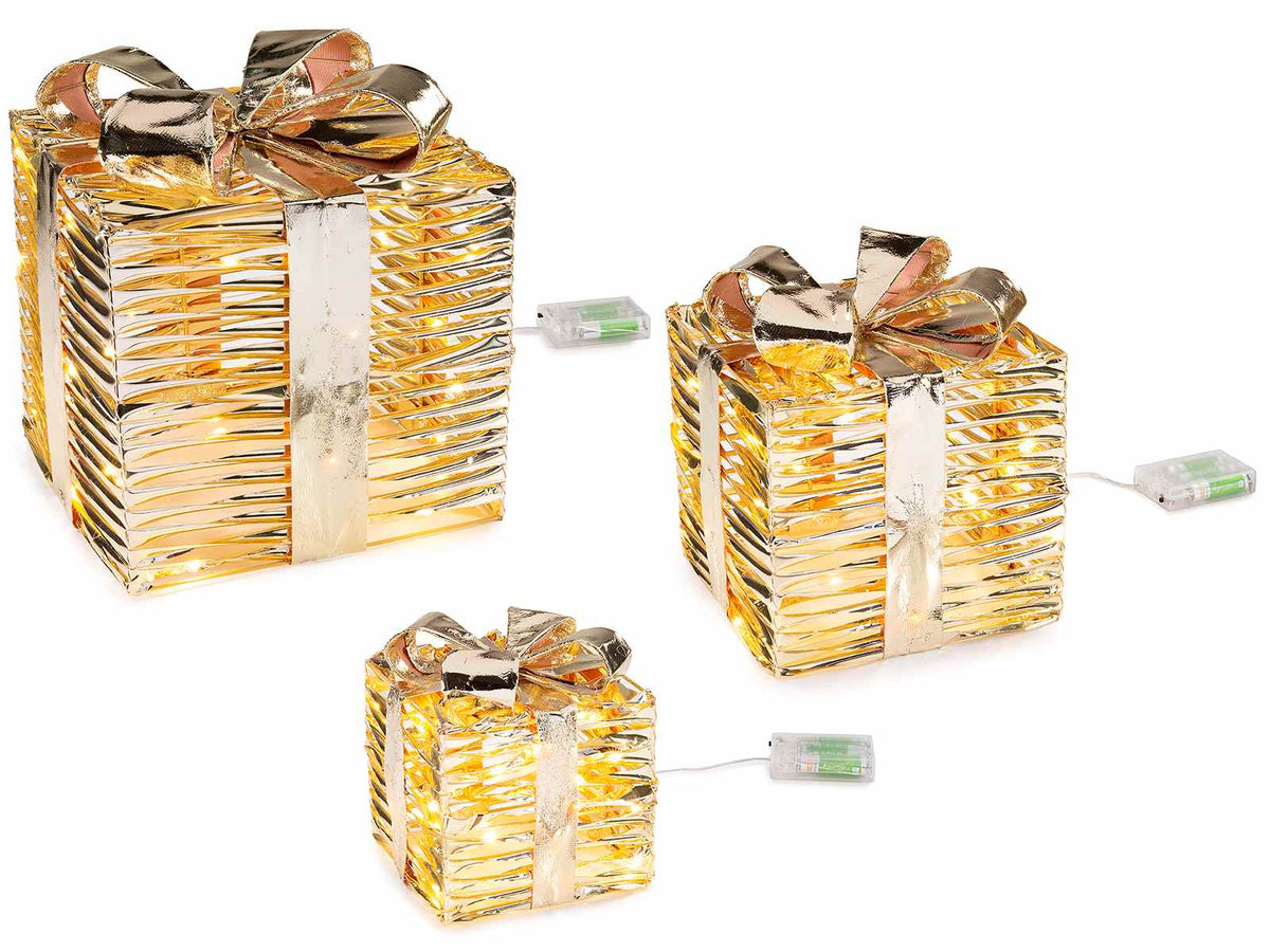 Pacchi regalo natalizi dorati in metallo con luci LED bianco caldo e fiocco, Grande: cm 25 x 25 x 28 H