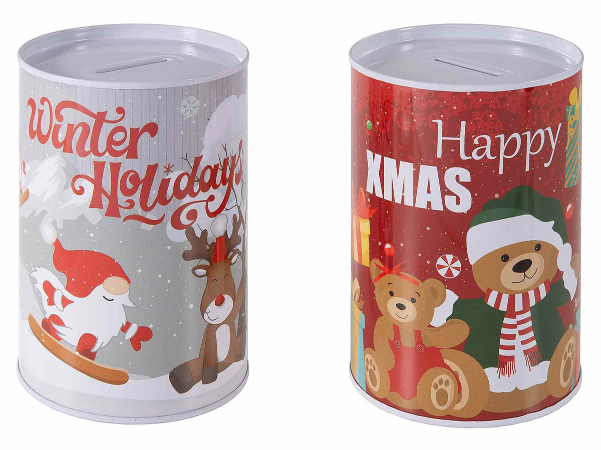 Salvadanai Natale in metallo con decori con soggetti natalizi e scritte, set da 12 pezzi, Ø 8 cm x 12 H