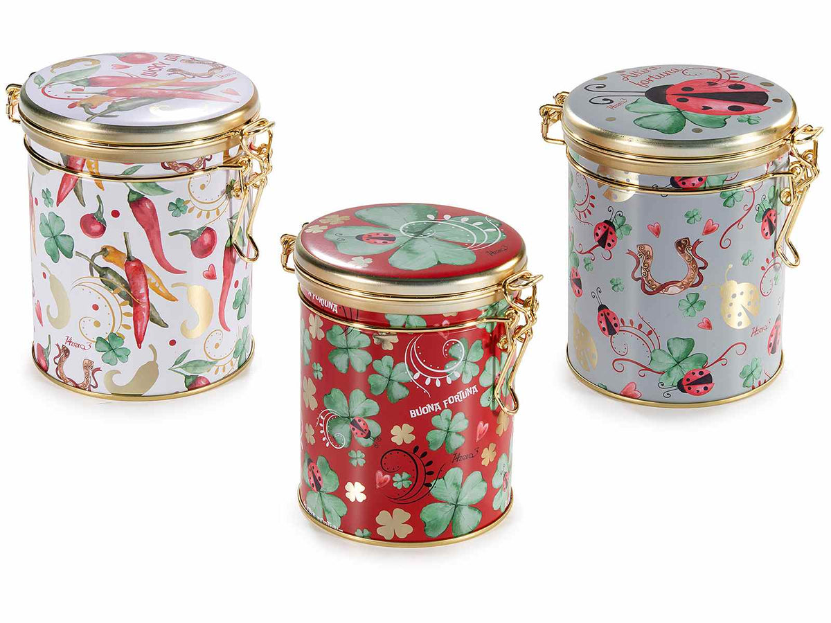 Barattoli alimentari in metallo con chiusura ermetica decori portafortuna, set da 6 pezzi, cm 11,5 x 9 x 12 H