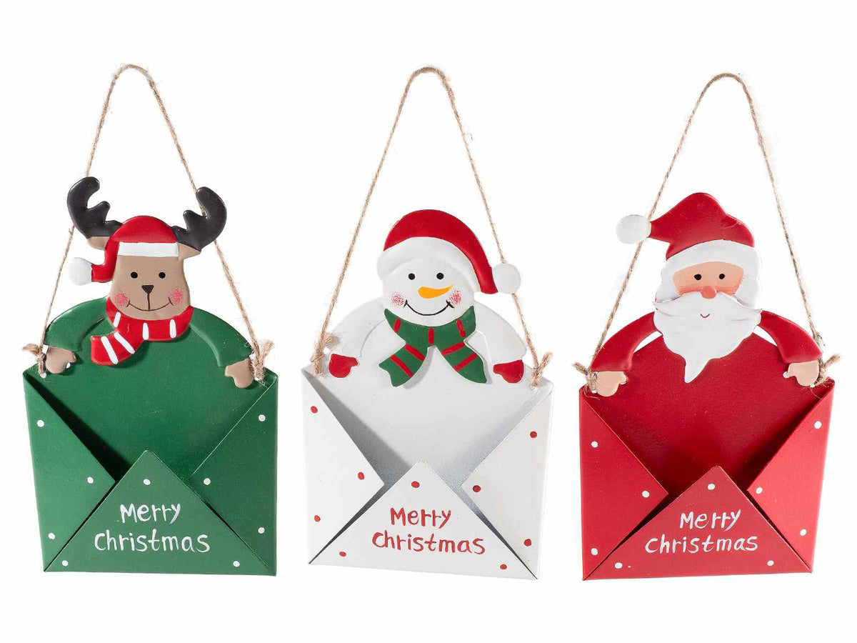 Porta letterina di Natale in metallo con personaggio e vano riempibile da appendere, set da 6 pezzi, cm 10 x 17 H