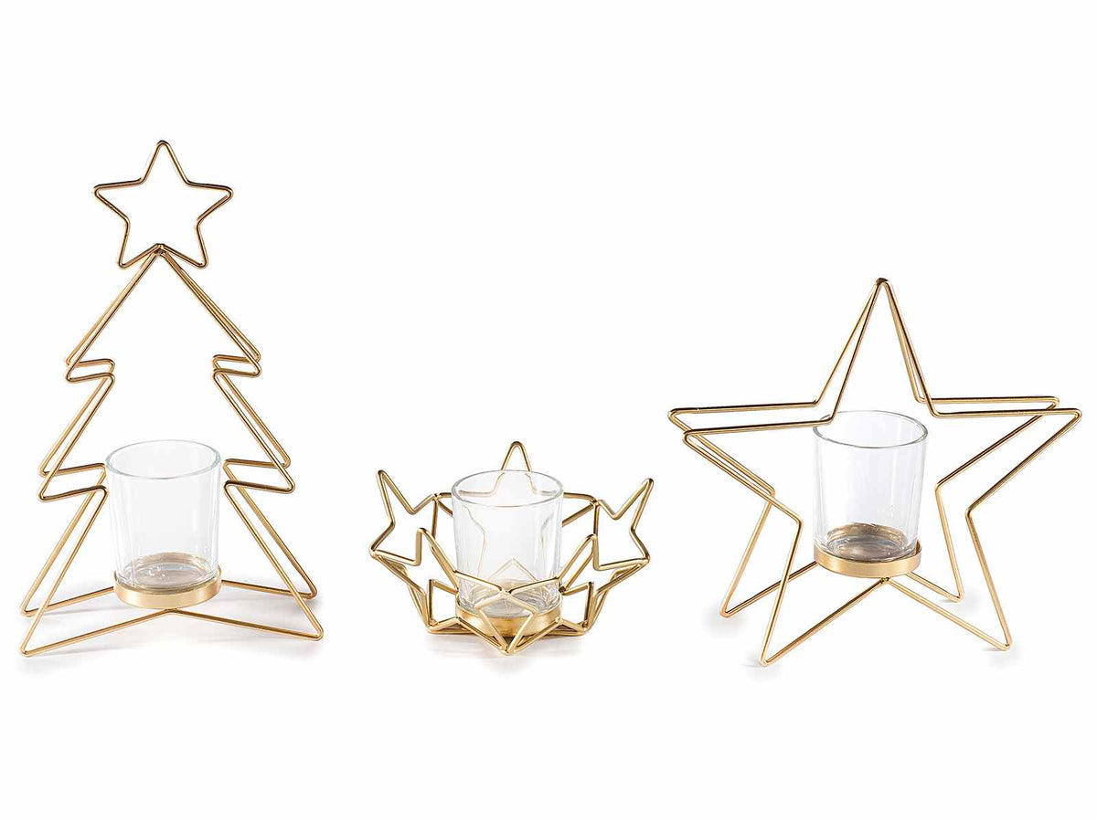 Portacandele tealight di Natale in metallo dorato a forma di albero di Natale, set da 3 pezzi, cm 14,5 x 5,5 x 24,5 H