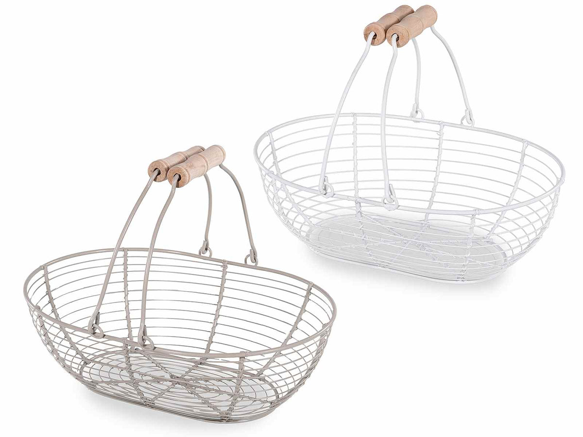 Cestini ovali bianchi in metallo con doppi manici in legno, set da 4 pezzi, cm 29x22x9,5 H (con manici23)