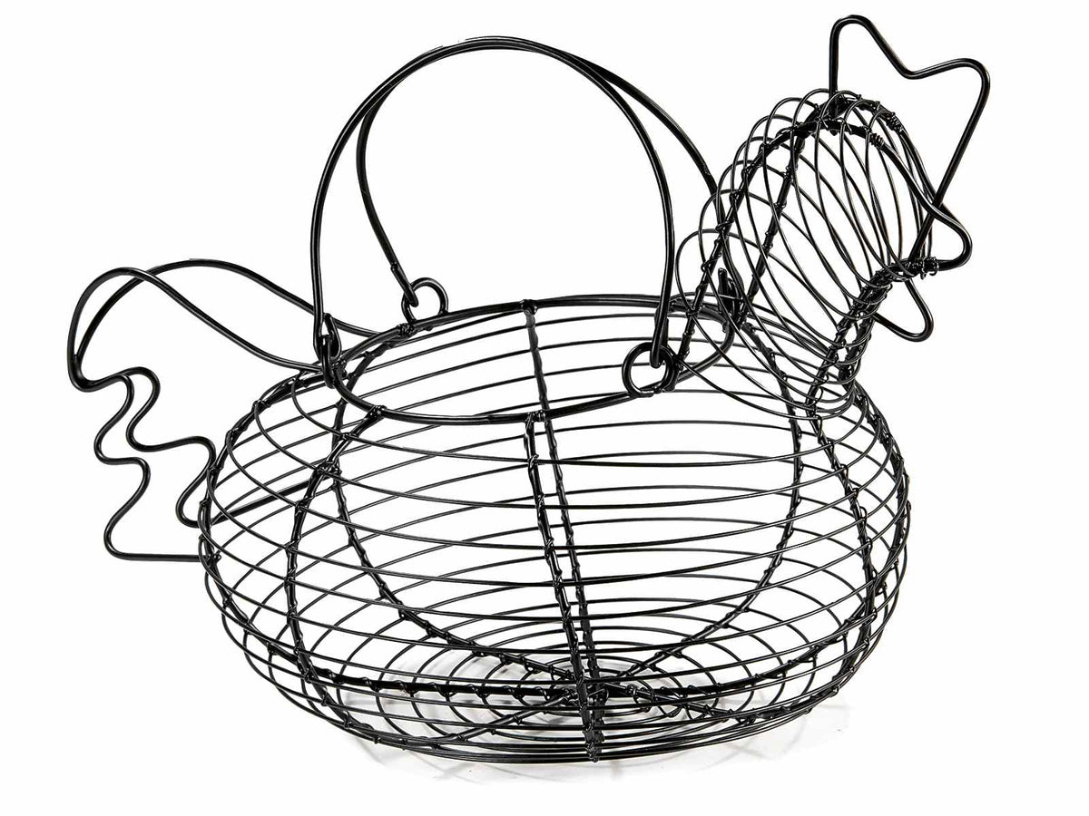 Cestini a forma di gallina in metallo nero con doppi manici, set da 4 pezzi, cm 28 x 19 x 19 H