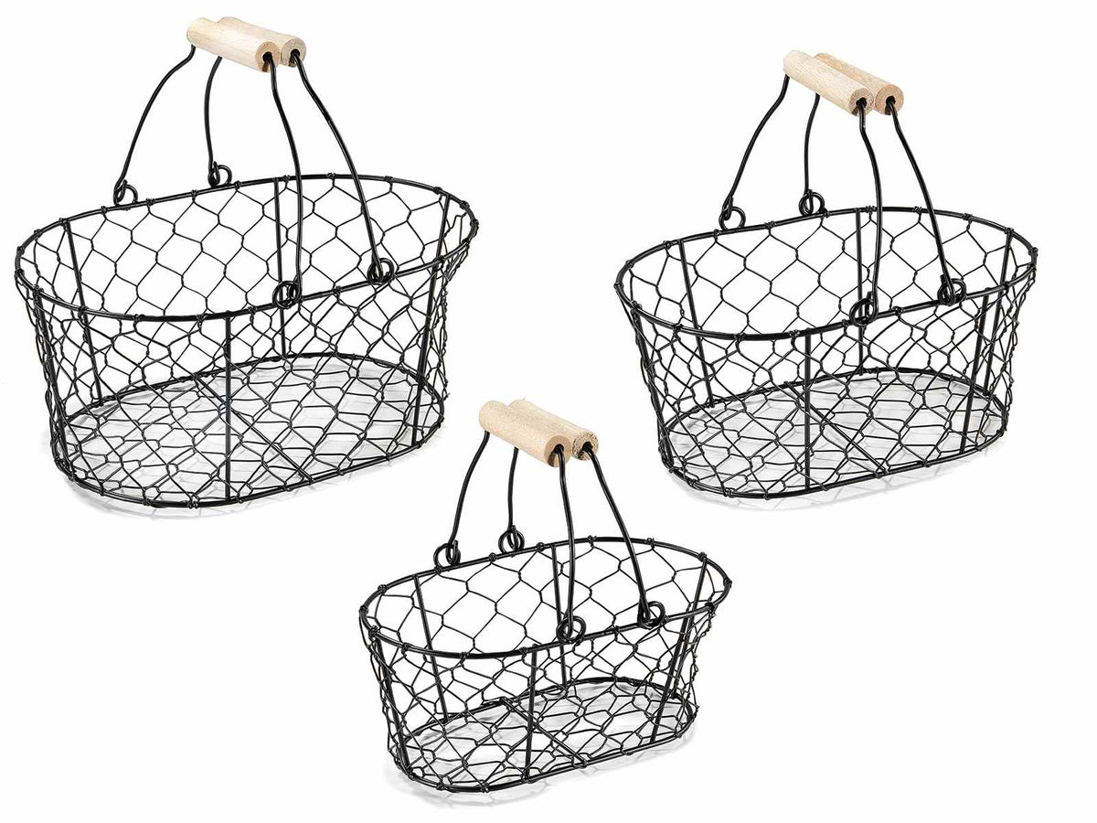 Cestini ovali in metallo nero con doppi manici in legno in set da tre pezzi, set da 2 pezzi, Grande: cm 25 x 17 x 11 H