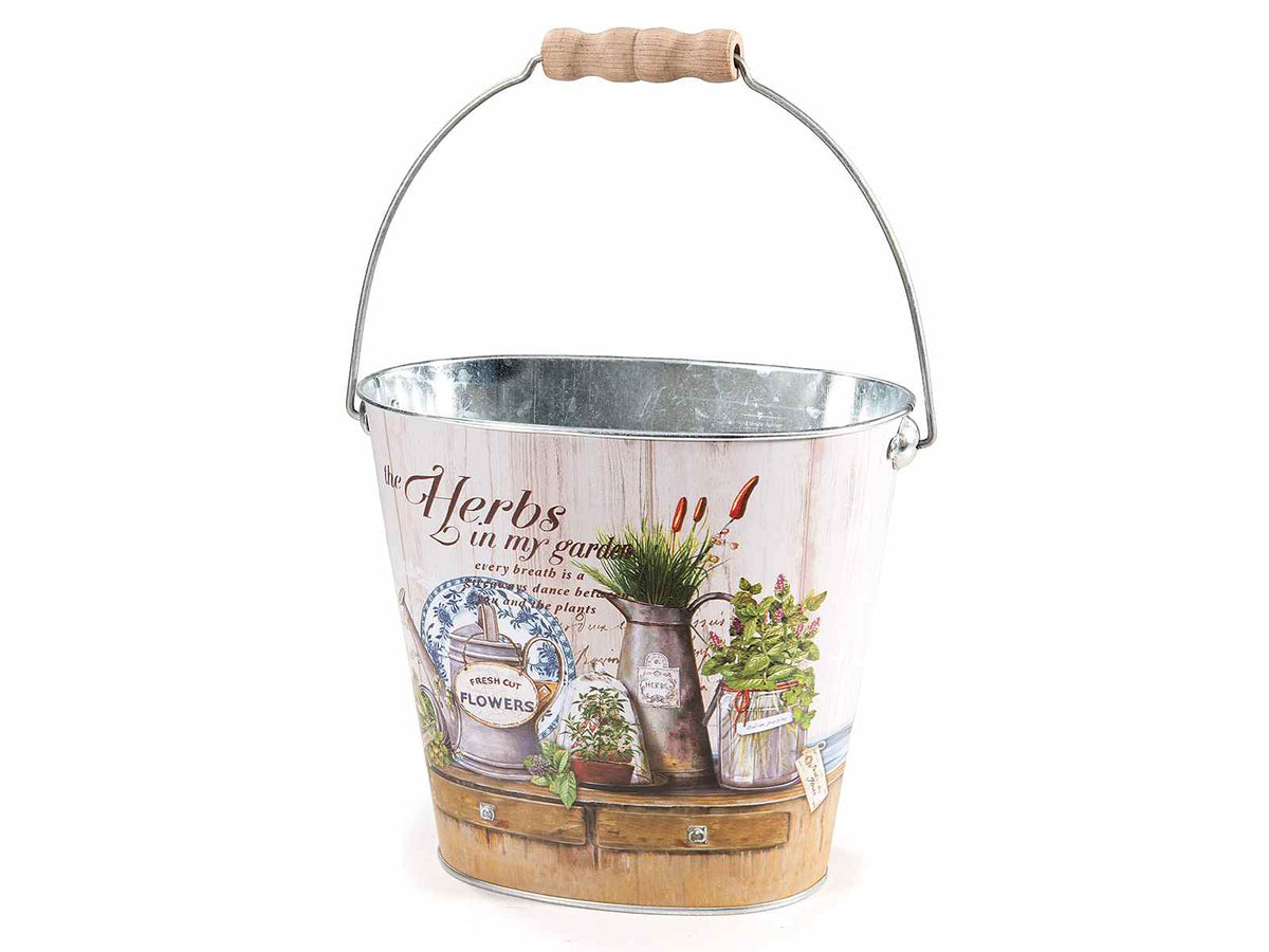 Vasi a secchiello in metallo con supporto del manico in legno con decori erbe, set da 4 pezzi, cm19x12x15,5H (con manico27)