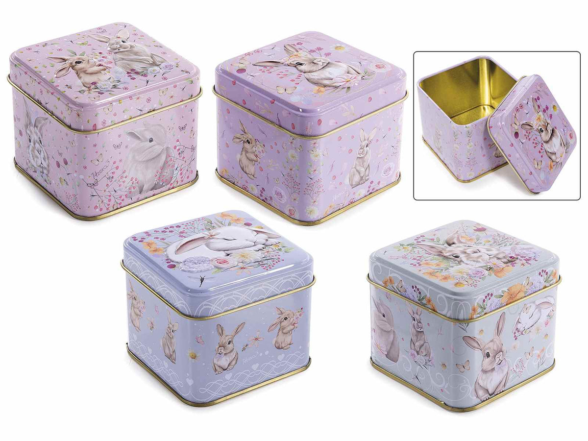 Scatole alimentari / porta dolci di Pasqua in metallo con coniglietti e decori, set da 16 pezzi, cm 8 x 8 x 6,5 H