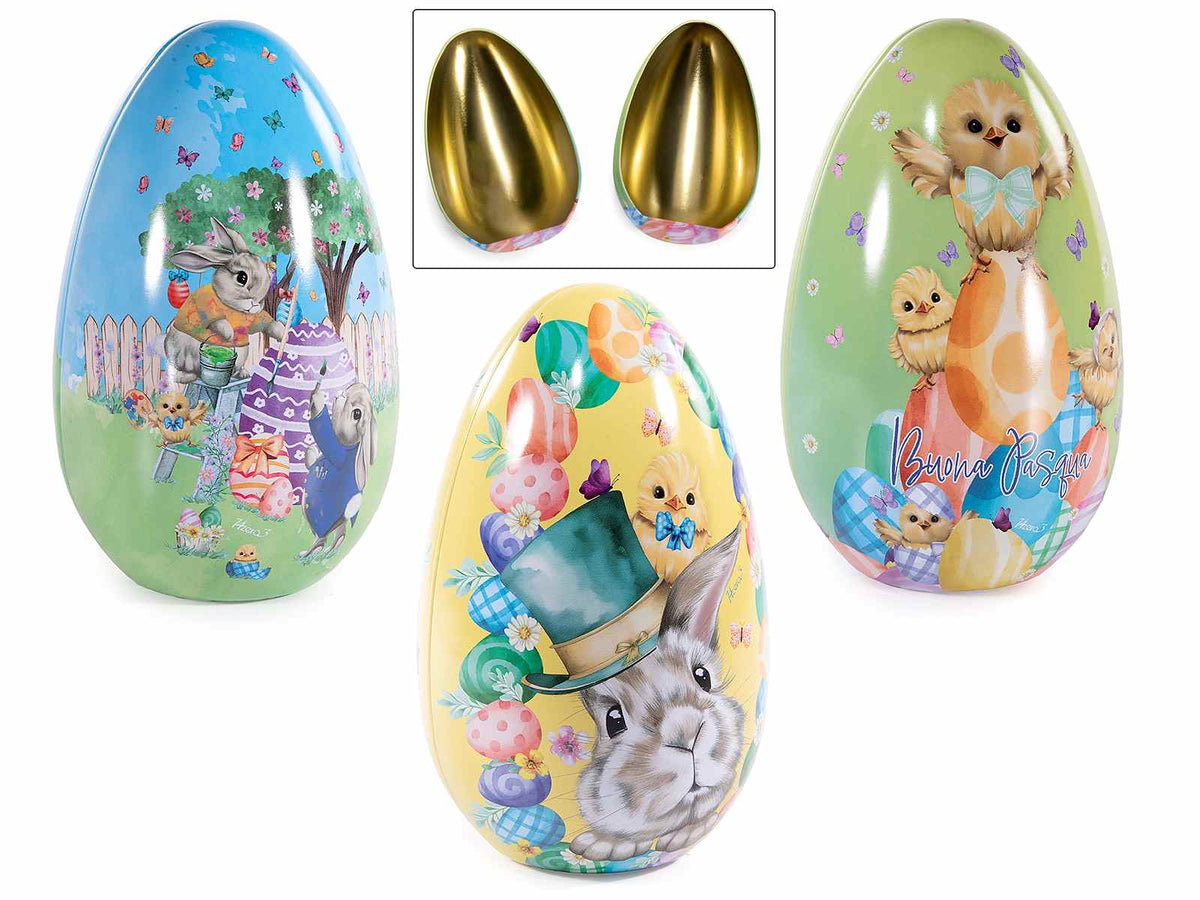Uovo in metallo apribile alimentare con stampa pasquale coniglietti e pulcini, set da 9 pezzi, Ø 9,5 cm x 15,5 H