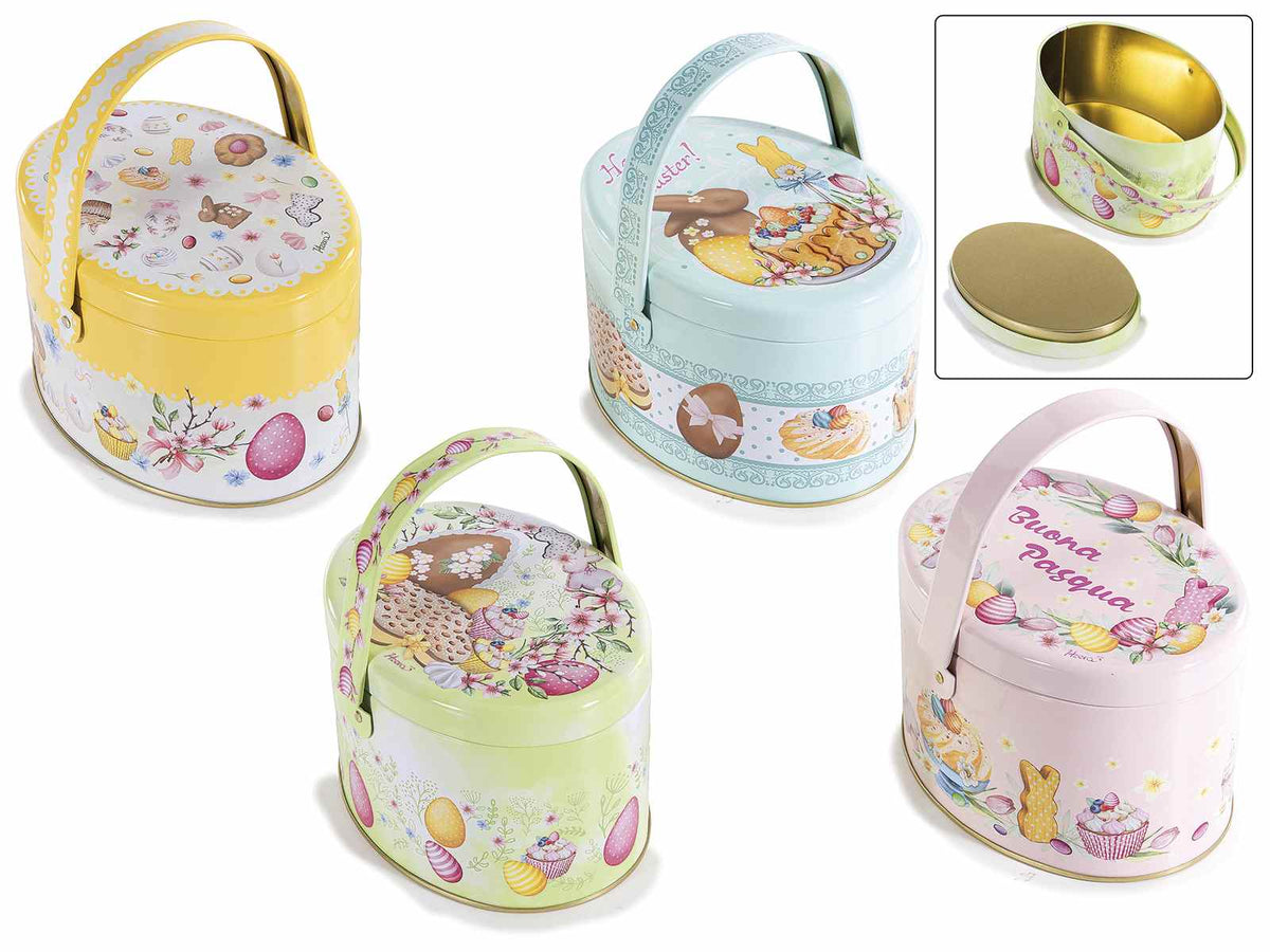 Scatole ovali a cestino portadolci di Pasqua in metallo adatto ad uso, set da 8 pezzi, cm 14 x 10,5 x 8,5 H