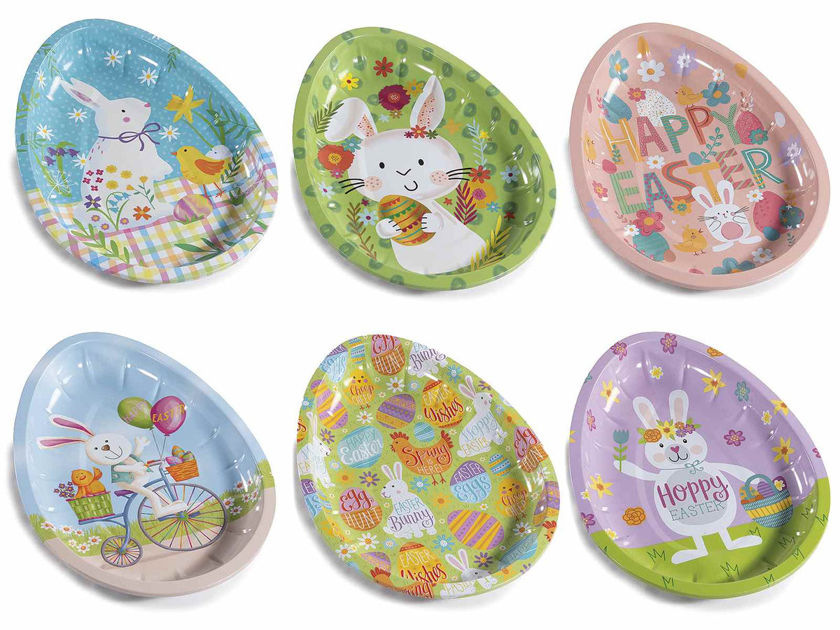 Vassoi / Piatti di Pasqua in metallo a forma di uovo con stampa pasquale, set da 6 pezzi, cm 18 x 26 H