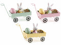 Mini carretti pasquali in metallo con coniglietto, uovo in resina e paglia, set da 6 pezzi, cm 15 x 6,5 x 9 H