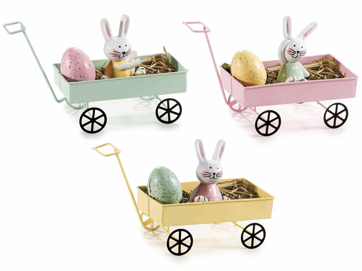 Mini carretti pasquali in metallo con coniglietto, uovo in resina e paglia, set da 6 pezzi, cm 15 x 6,5 x 9 H