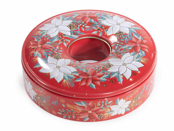 Set di 8 scatole di Natale in metallo a ciambella con stampa natalizia e adatte al contatto diretto con gli alimenti. Ideale come confezione regalo pasticcerie, dolci natalizi…