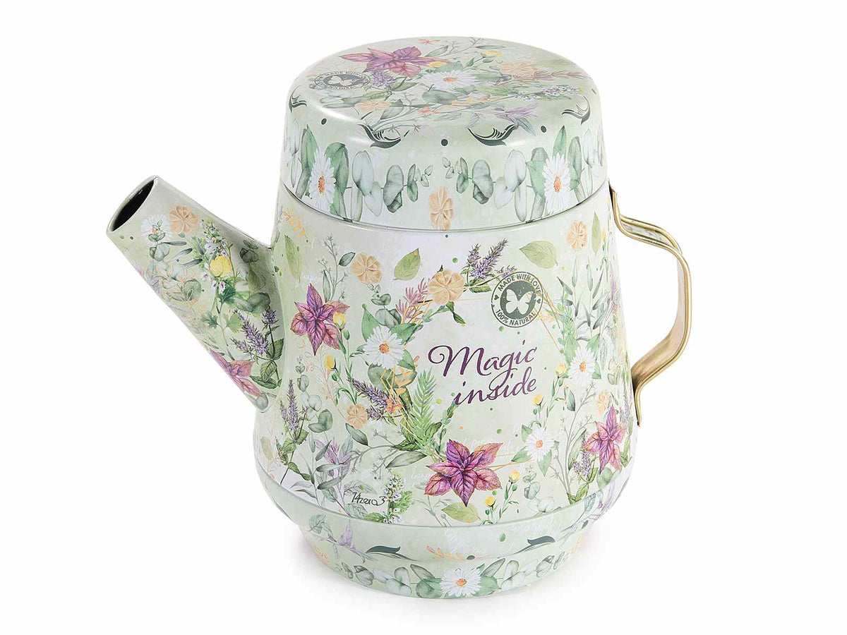 Scatole in metallo a forma di teiera con fantasia erbe e scritte, set da 4 pezzi, cm 16 x 11 x 14 H
