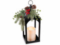 Lanterne in metallo nero con candela elettronica a fiamma LED e gancio con ramo, Lanterna: cm 17x17x43 H