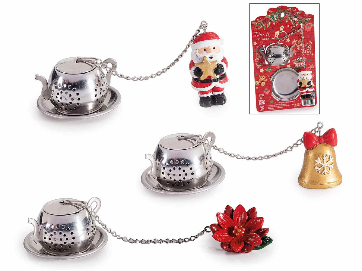 Infusori tisane e tè in acciaio inox a forma di teiera con piattino e decoro, set da 6 pezzi, Babbo: cm 2,5 x 2 x 4 H